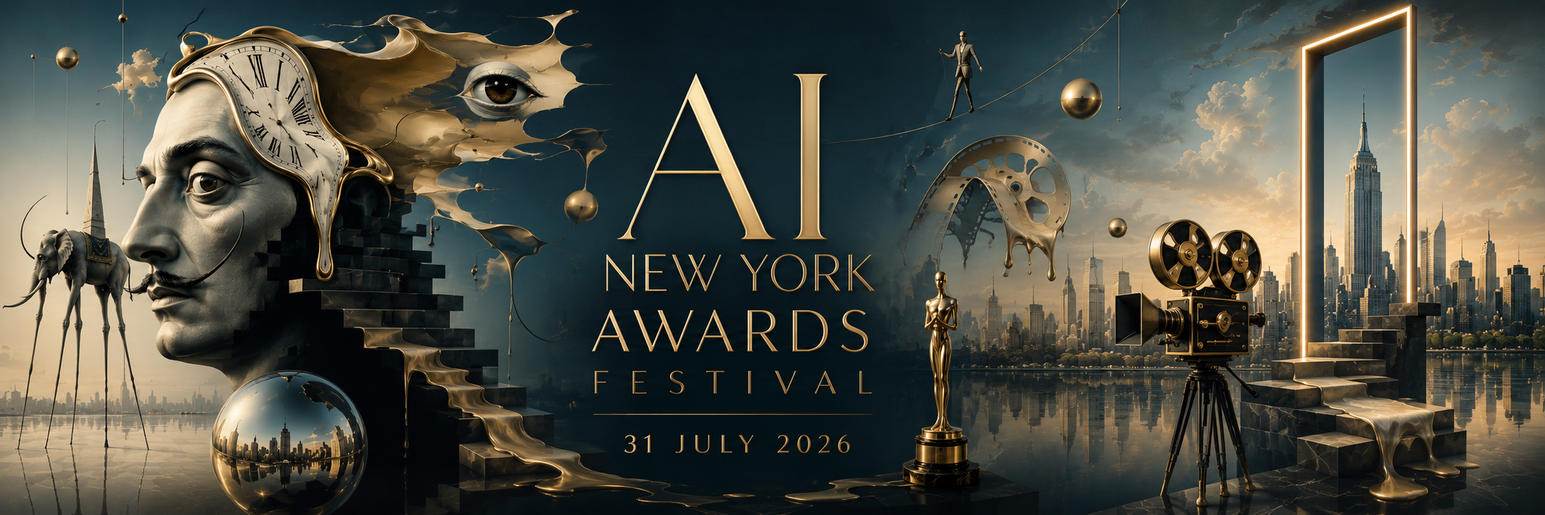 AI New York Awards, surreal Dalí-inspired key art: a melting clock over the artist's profile, a mirrored sphere reflecting Manhattan, a vintage film camera, and the New York skyline.
