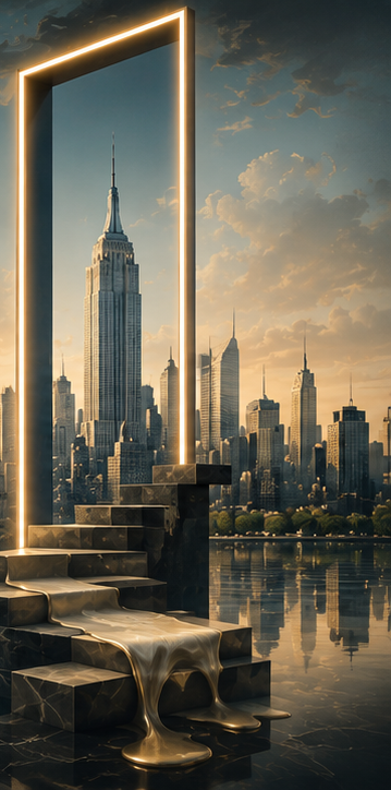 A glowing rectangular portal framing the Empire State Building, with melting golden steps leading up toward it.