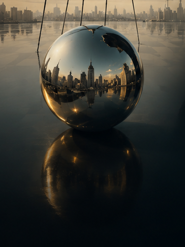 A mirrored sphere suspended over still water, reflecting the inverted Manhattan skyline at dusk.