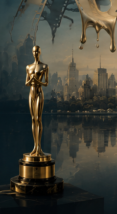 A golden Art-Deco award statuette on a marble base before the New York skyline, a film reel melting into gold above it.