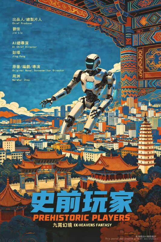 Poster for Prehistoric Players — an illustrated white robot leaping over a Chinese city, framed by a painted temple gate.