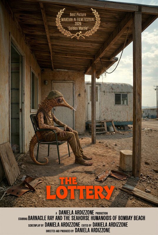 Poster for The Lottery — a seahorse-headed humanoid smoking on a chair outside a sun-bleached desert trailer.