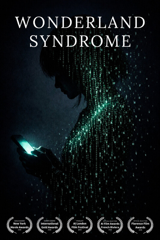Poster for Wonderland Syndrome — a figure in silhouette lit by a phone screen, green code raining down their body.